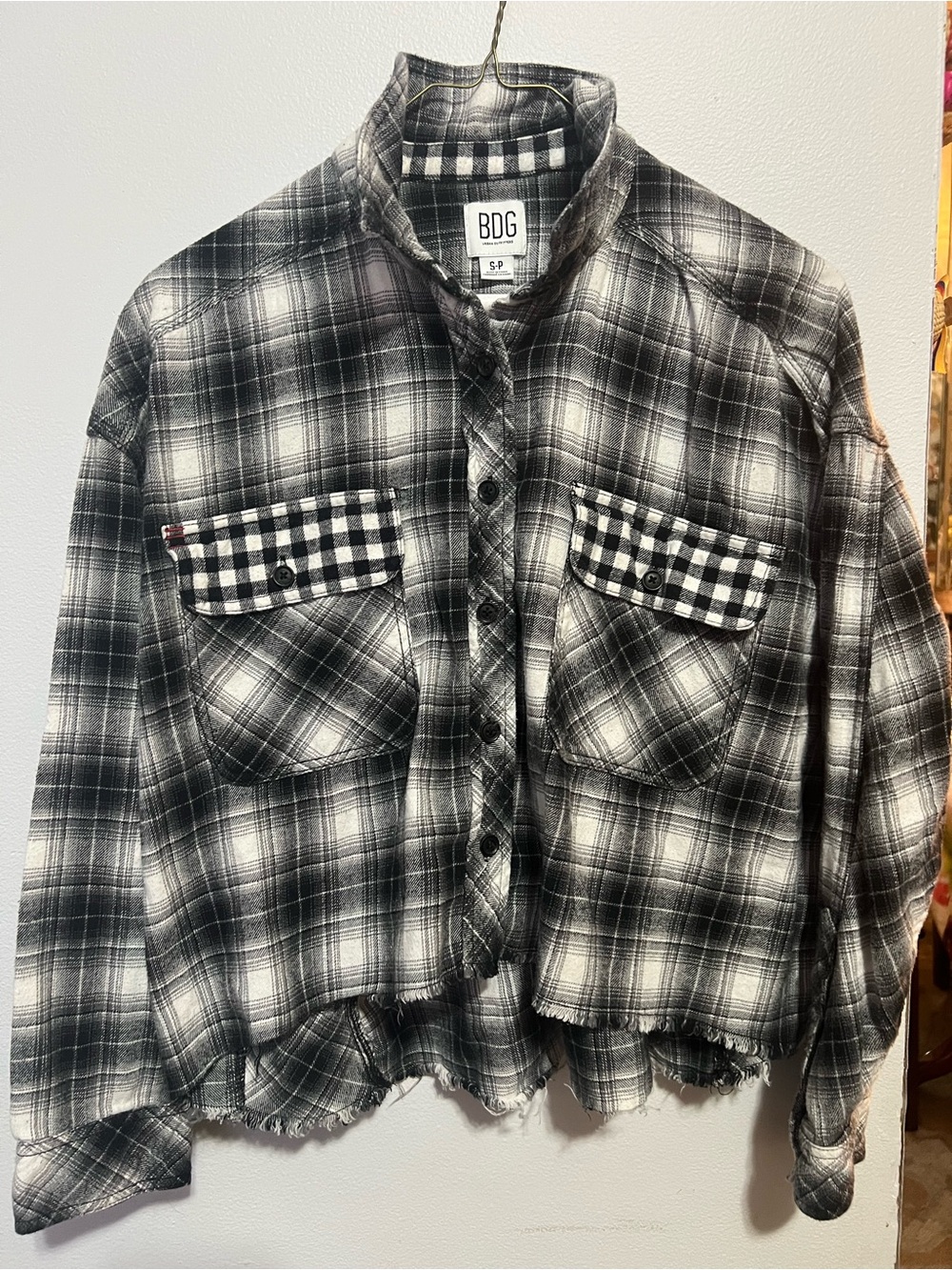 BDG Black and White Plaid Frayed Hem Button-Up Jacket